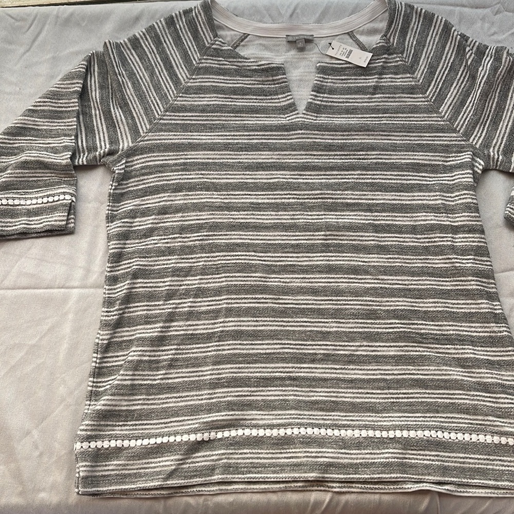 Talbots knit grey white stripe pullover tunic NWT